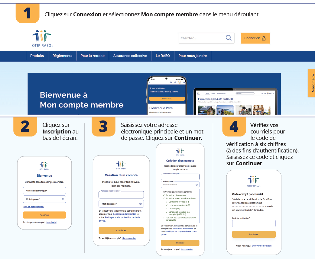 1. Cliquez sur Connexion et sélectionnez Mon compte membre dans le menu déroulant.  2. Cliquez sur Inscription au bas de l’écran.  3. Saisissez votre adresse électronique principale et un mot de passe. Cliquez sur Continuer.  4. Vérifiez vos courriels pour le code de vérification à six chiffres (à des fins d’authentification). Saisissez ce code et cliquez sur Continuer.